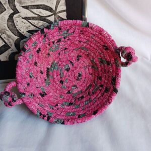 Vintage Bohemian Rag Rope Woven Basket Pink Green Small